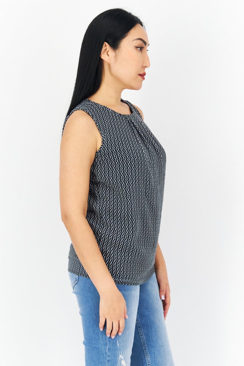 Zero Women Round Neck Sleeveless Allover Print Top, Black - Image 2